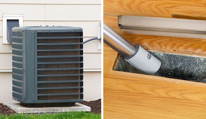 Collage of outdoor AC unit and duct system cleaning
