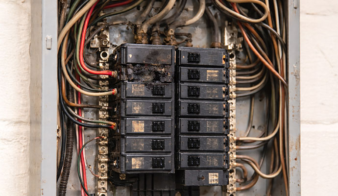 An fire damaged electrical panel
