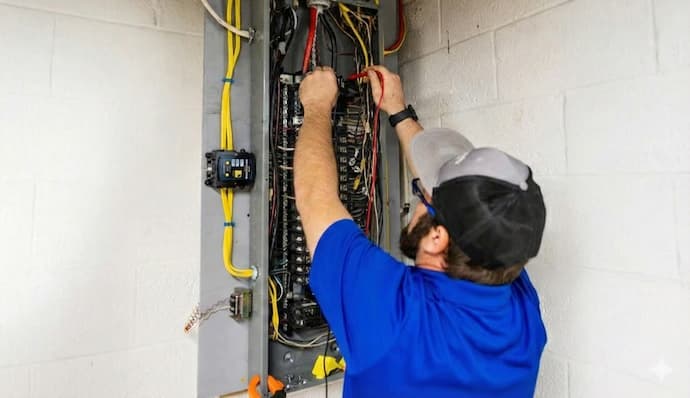 Electrician working on a wall-mounted electrical panel