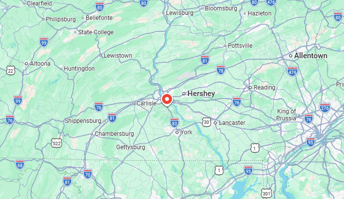 Handyside Plumbing, HVAC & Electrical Service Area Map in Harrisburg, York, and Surrounding Cities