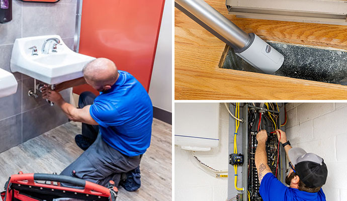 Collage of basin pipe installation, duct system cleaning and electrical panel repair.