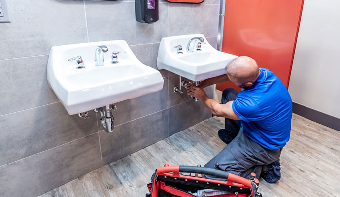 Plumber repairing a sink drain in a modern bathroom.