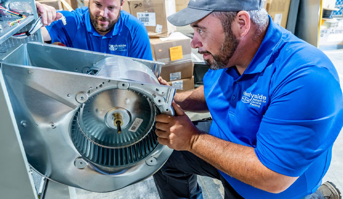 Professional team repairing heating system