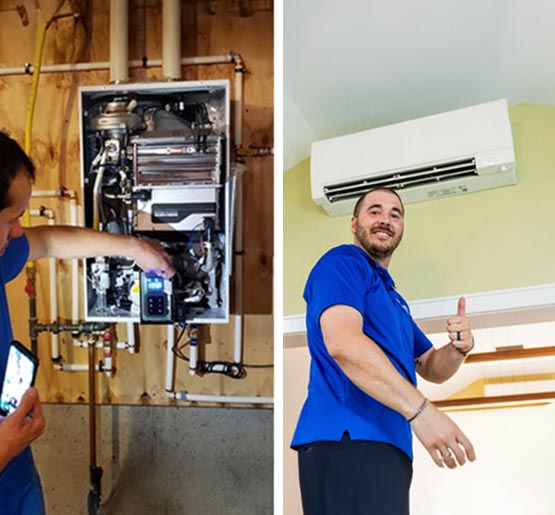 Technicians installing boiler and ductless heating systems.