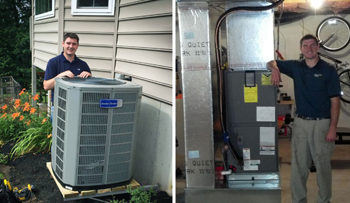 Technicians servicing outdoor AC and indoor heating units.