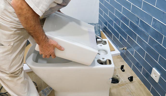 Plumber installing a toilet in a bathroom