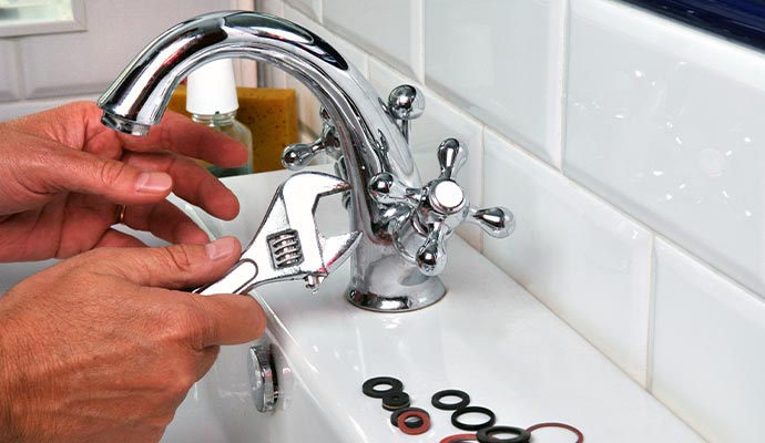 Plumber using a wrench to repair a faucet