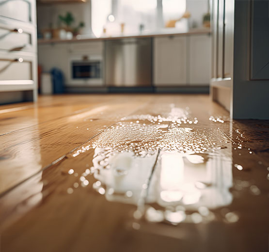 Water damaged kitchen wooden floor due to plumbing issues